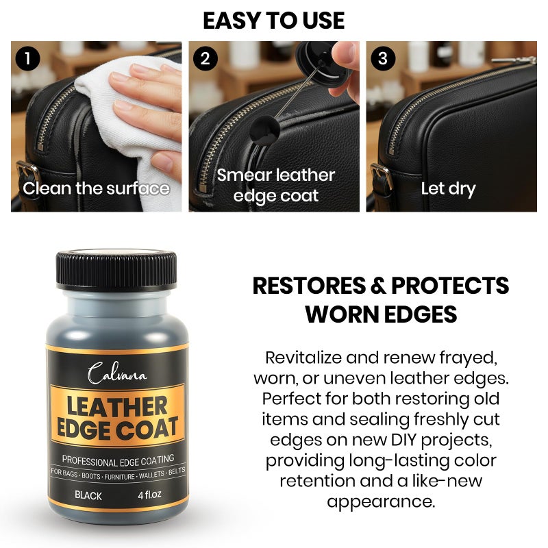 Calvana Black Leather Edge Coat with Built-in Applicator - Flexible, Water-Resistant Edge Sealer & Finish for Purses, Belts, Shoes, Bags, Furniture & More (4oz) - Image 4