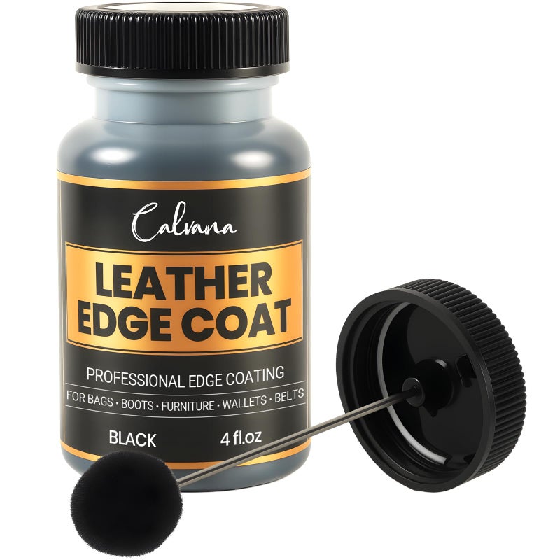 Calvana Black Leather Edge Coat with Built-in Applicator - Flexible, Water-Resistant Edge Sealer & Finish for Purses, Belts, Shoes, Bags, Furniture & More (4oz) - Image 1