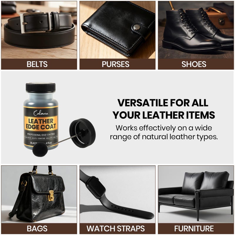 Calvana Black Leather Edge Coat with Built-in Applicator - Flexible, Water-Resistant Edge Sealer & Finish for Purses, Belts, Shoes, Bags, Furniture & More (4oz) - Image 3