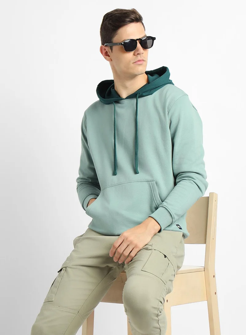 Dennis Lingo Regular Fit Sea Green Solid Hooded Sweatshirt for Men - Polycotton, Full Sleeves
