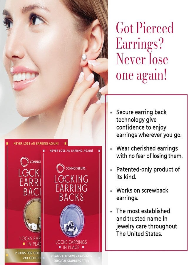 Connoisseurs Locking Earring Backs - 4 Pairs - Compatible with Most Gold and Silver Earrings - Fits 0.5-1mm Diameter Posts - Hypoallergenic - Image 3