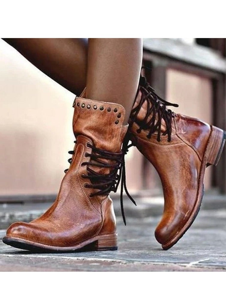 Loquat Womens Rivet Lace Up Rear Zipper Boots Vintage Boots Brown  - Image 1