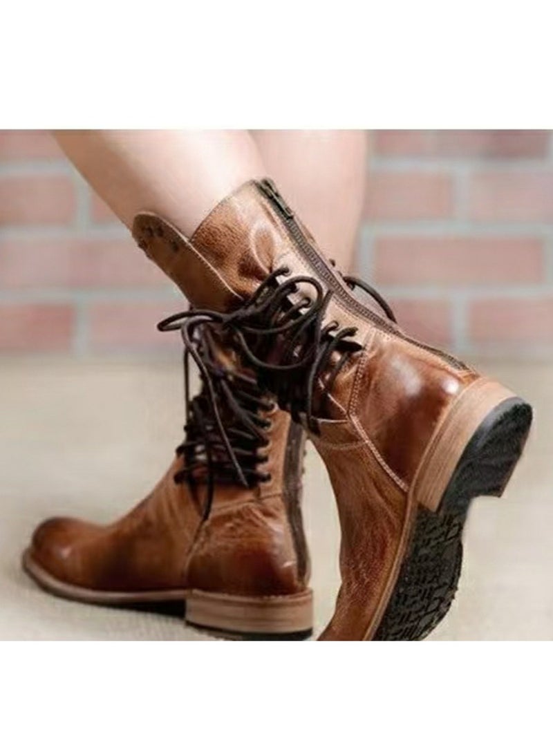 Loquat Womens Rivet Lace Up Rear Zipper Boots Vintage Boots Brown  - Image 2