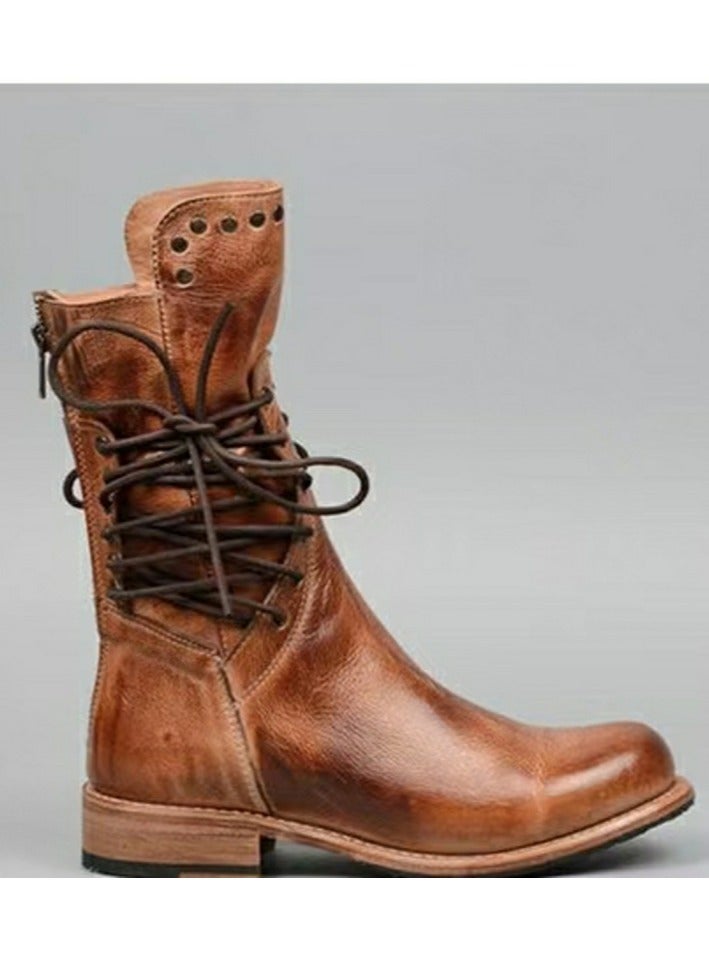 Loquat Womens Rivet Lace Up Rear Zipper Boots Vintage Boots Brown  - Image 3