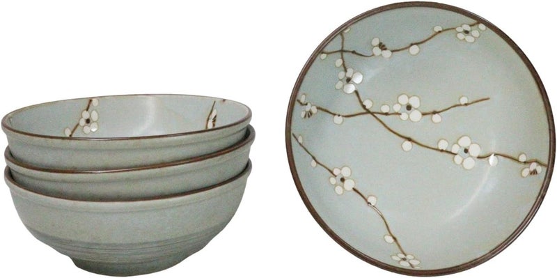 Ebros Gift Pack Of 4 Restaurant Grade Japanese Soushun Sakura Spring Cherry Blossoms Blue Plum Porcelain Thick Double Wall Large Salad Soup Cereal Bowls 36oz 775 D - Image 1