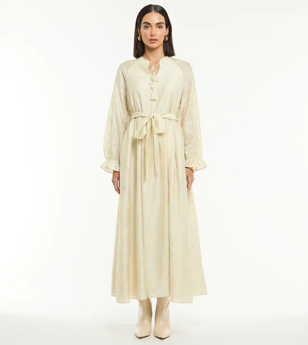 بي سي بي جي BCBG EMBROICERED LONG SLEEVES MAXI DRESS WITH BELT