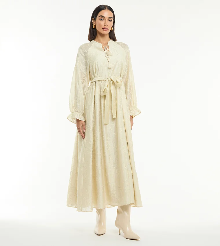 بي سي بي جي BCBG EMBROICERED LONG SLEEVES MAXI DRESS WITH BELT