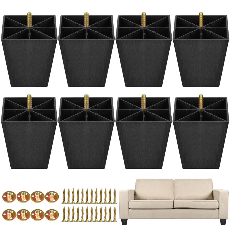 TURSTIN 8 Pack 4 Inch Furniture Legs Plastic Sofa Couch Legs Square Tapered Feet Sofa Legs with M8 T-Nuts Screws for Legs Sofas Chairs Cabinets Dressers Beds, Black - Image 1