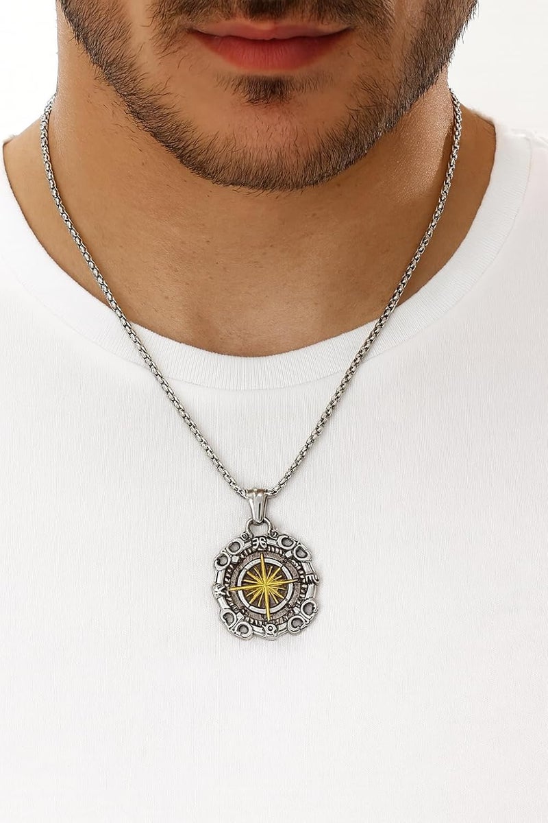 ringzinnie Silver Tone Pendant Necklace Set for Men & Women | Om, Compass, Angel Wing, Prayer Locket | Unique Spiritual & Fashion Jewelry Collection - Image 4