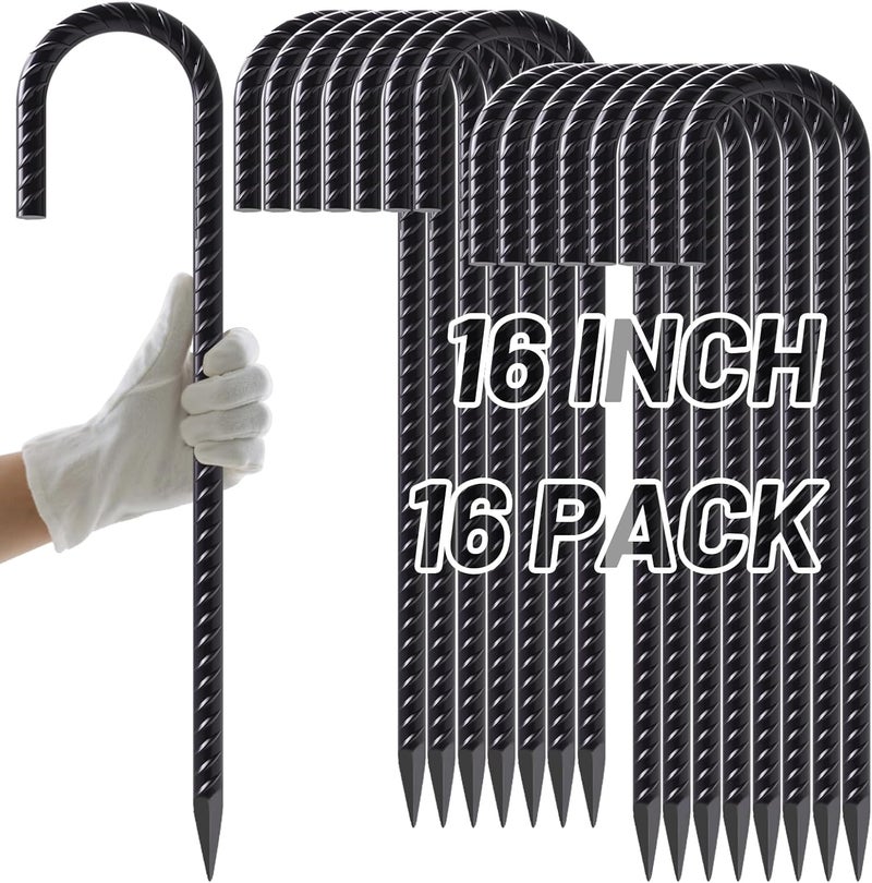 AAGUT Rebar Stakes 16 Inch J Hook Heavy Duty 16 Pack, 3/8 Inch Black Coated Metal Steel Ground Anchors Chain Link Fence Stakes for Camping Tent, Inflatables, Yard Decorations, Canopies & Swing Sets - Image 1