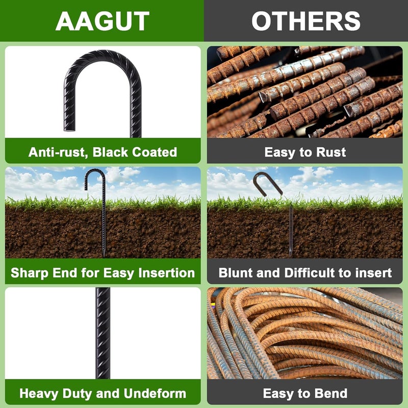 AAGUT Rebar Stakes 16 Inch J Hook Heavy Duty 16 Pack, 3/8 Inch Black Coated Metal Steel Ground Anchors Chain Link Fence Stakes for Camping Tent, Inflatables, Yard Decorations, Canopies & Swing Sets - Image 3
