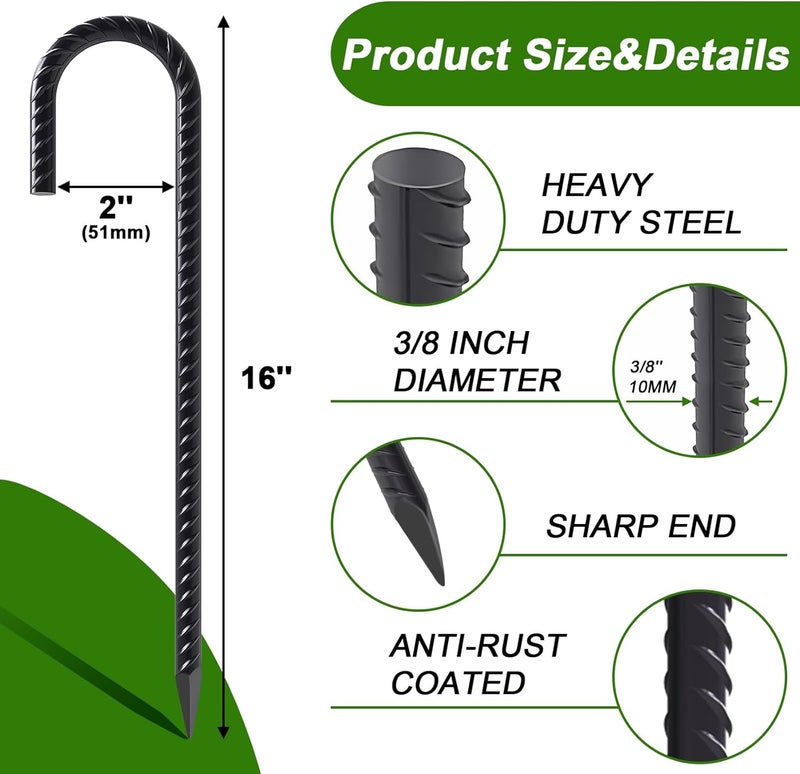 AAGUT Rebar Stakes 16 Inch J Hook Heavy Duty 16 Pack, 3/8 Inch Black Coated Metal Steel Ground Anchors Chain Link Fence Stakes for Camping Tent, Inflatables, Yard Decorations, Canopies & Swing Sets - Image 2