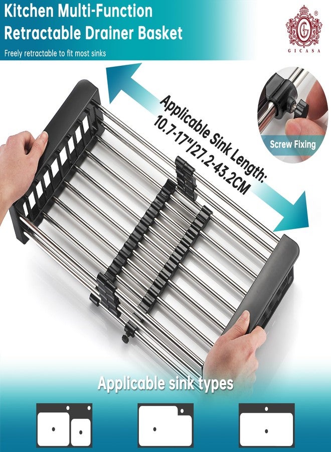 GICASA Kitchen Multi-Function Retractable Sink Dish Drying Rack, Stainless Steel Drainer for 10.7"-17" Sinks, Kitchen Countertop Organizer for Dishes, Vegetables, and Fruits (Black & Small) - Image 2