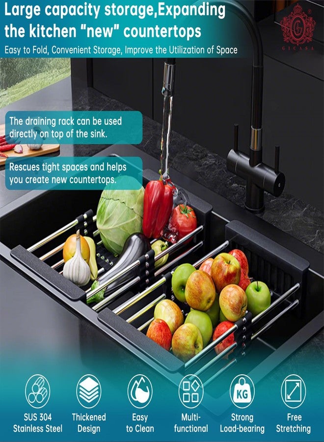 GICASA Kitchen Multi-Function Retractable Sink Dish Drying Rack, Stainless Steel Drainer for 10.7"-17" Sinks, Kitchen Countertop Organizer for Dishes, Vegetables, and Fruits (Black & Small) - Image 4