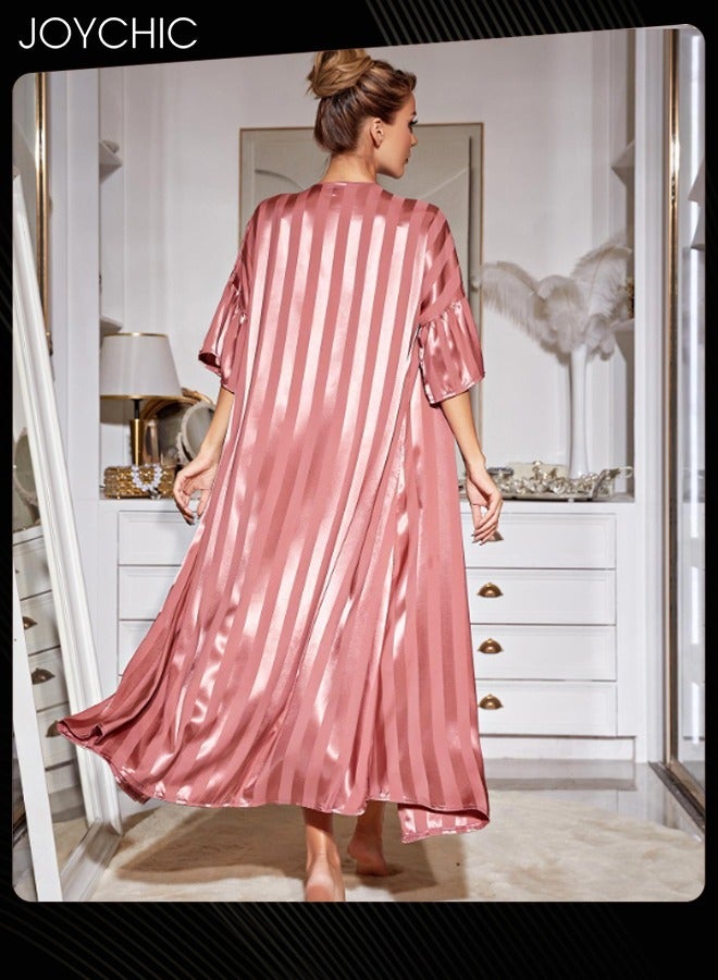 Joychic طقم بيجامة نسائي مكون من قطعتين رداء نوم + فستان ليلي مع حمالات للنساء من حرير الجليد بأكمام طويلة ملابس منزلية وردية - Image 2