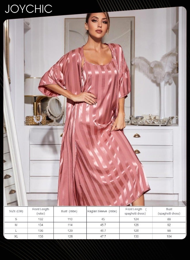 Joychic طقم بيجامة نسائي مكون من قطعتين رداء نوم + فستان ليلي مع حمالات للنساء من حرير الجليد بأكمام طويلة ملابس منزلية وردية - Image 4
