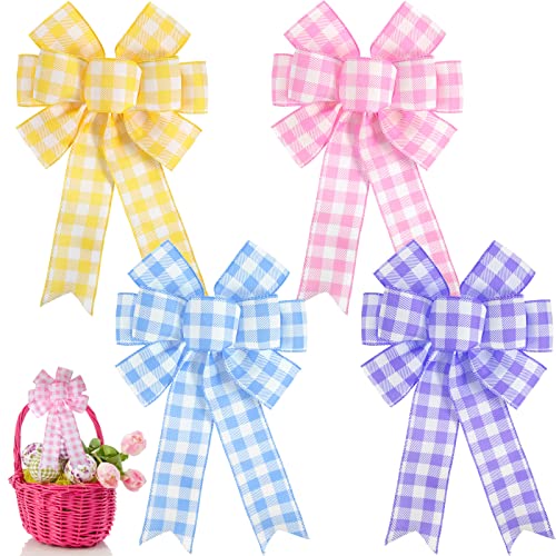 Juinte 4 Pcs Easter Spring Wreath Bow Decoration Large Colorful Burlap Wreath Ribbon Bows Ornaments for Easter Party Tree Cute Colors - Image 1
