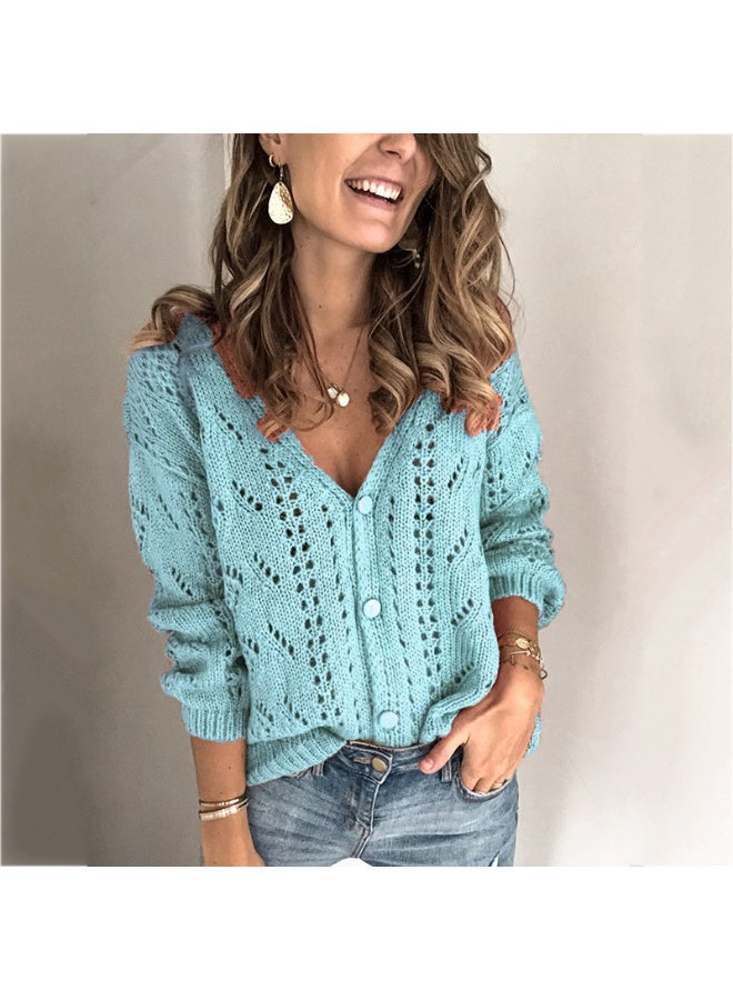 NIBEMINENT Autumn Women Hollow Solid Knit Cardigan Casual Button Front Long Sleeve Sweater Female Clothing - Image 1