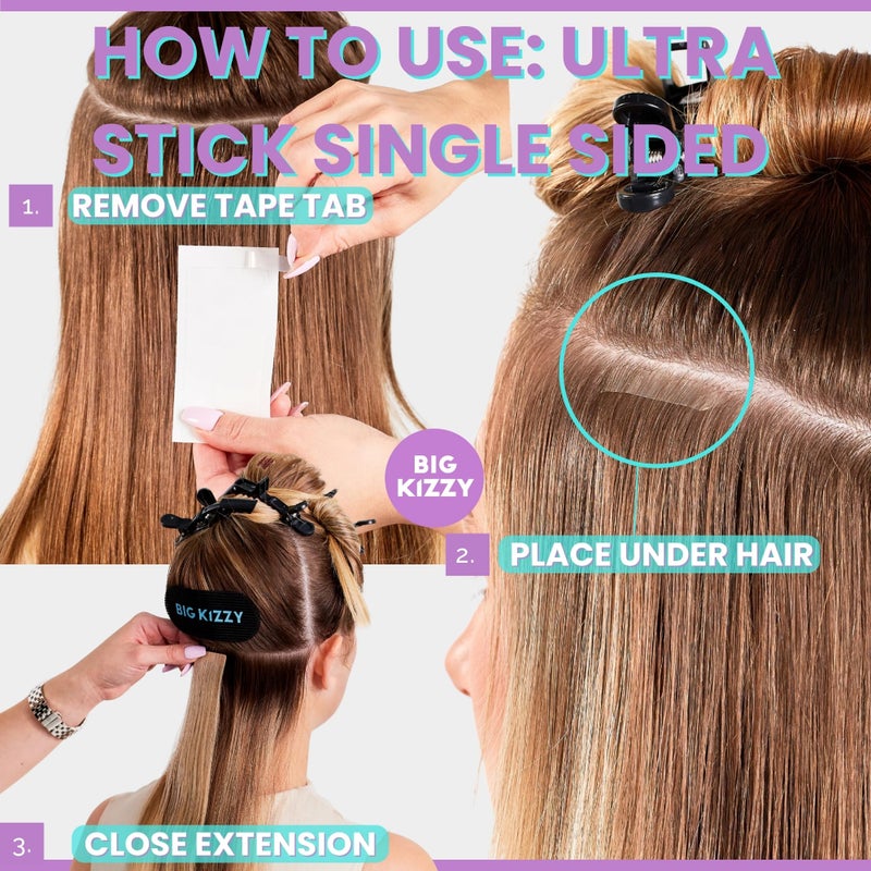 Big Kizzy Single Sided Ultra Stick Replacement Tape for Hair Extensions - 6-8+ Weeks of Wear - Strong Hold and Residue Free One Sided Tape for Extensions - 48 Tabs - Image 4