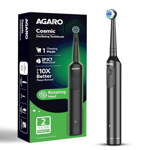 AGARO فرشاة أسنان كهربائية أجاروس كوزميك ذات حركة تذبذبية للكبار، شعيرات ناعمة من النايلون، رأس فرشاة قابل للاستبدال، قابلة لإعادة الشحن، فرشاة أسنان كهربائية ذات حركة تذبذبية، باللون الأسود - Image 1