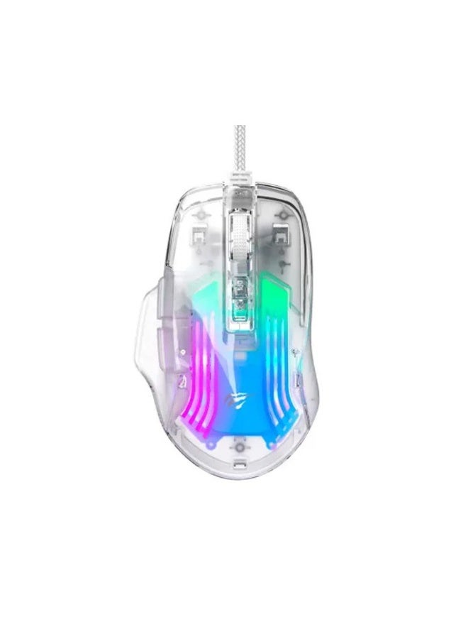 هافيت Havit MS1011SE RGB Crystal Transparent Gaming Mouse – 4800 DPI, 7 Programmable Keys, High Precision Sensor – transparnt White - Image 1