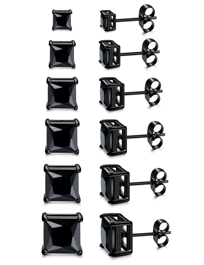 ORAZIO Black Square CZ Stud Earrings for Men Women Stainless Steel Princess Cut Cubic Zirconia Earring Studs 3MM-8MM