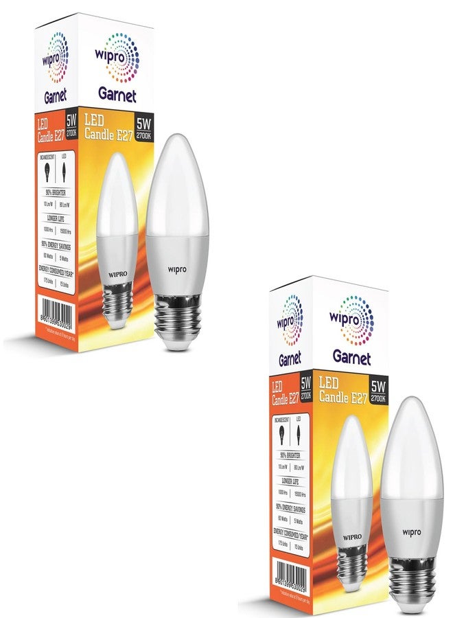 Wipro Garnet 5 W E27 Base Frosted Candle LED Bulb | Warm White (2700K) | Pack of 2 | Clear optics for sparkling effect | LED Filament Bulb for Home, office, chandellior, decorative lamp shade - Image 1