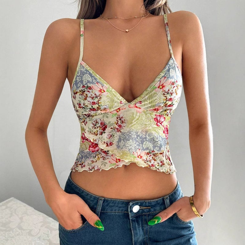 Women's Printed Halter Neck Ruffle Camisole with Side Slit