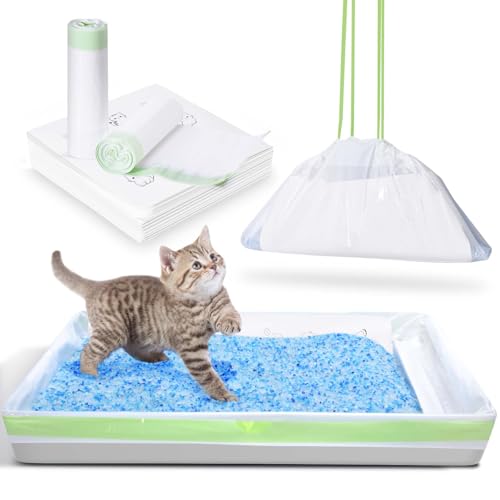PETOCAT Cat Litter Liners with Anti-scratch Cardboard for Pet Scoop Free Self-Cleaning Litter Box, Kitten Waste Bag Compatible with Reusable/Disposable Refill Tray, Large Drawstring Kitty Poop Bags 20 Count - Image 1