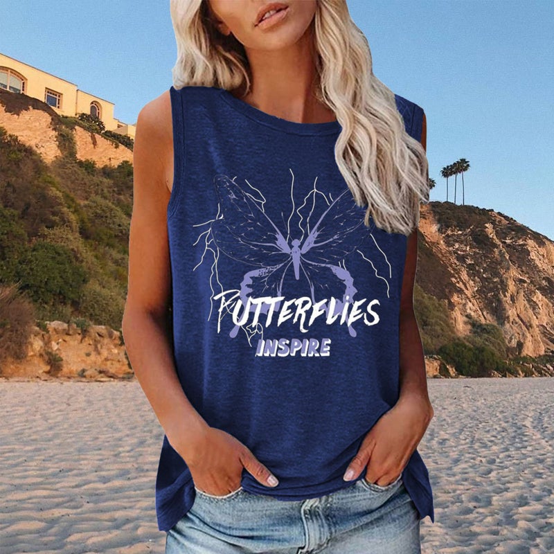 Spring AliExpress Cross-border shirt New Letters Butterfly Printed Loose Round Neck Sleeveless T-shirt - Image 4