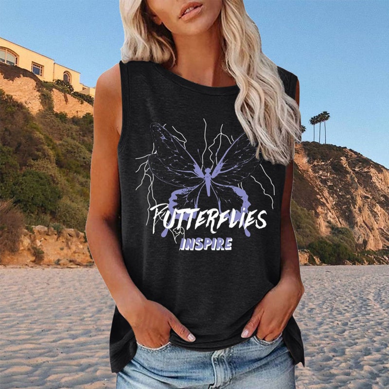 Spring AliExpress Cross-border shirt New Letters Butterfly Printed Loose Round Neck Sleeveless T-shirt - Image 2