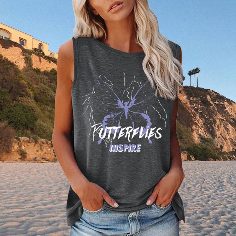 Spring AliExpress Cross-border shirt New Letters Butterfly Printed Loose Round Neck Sleeveless T-shirt - Image 3