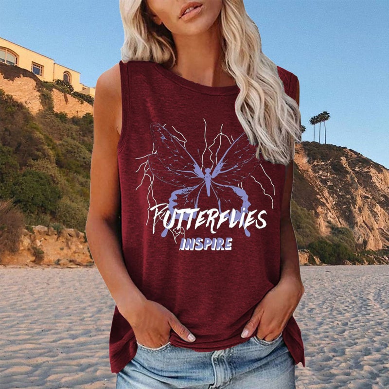 Spring AliExpress Cross-border shirt New Letters Butterfly Printed Loose Round Neck Sleeveless T-shirt - Image 5