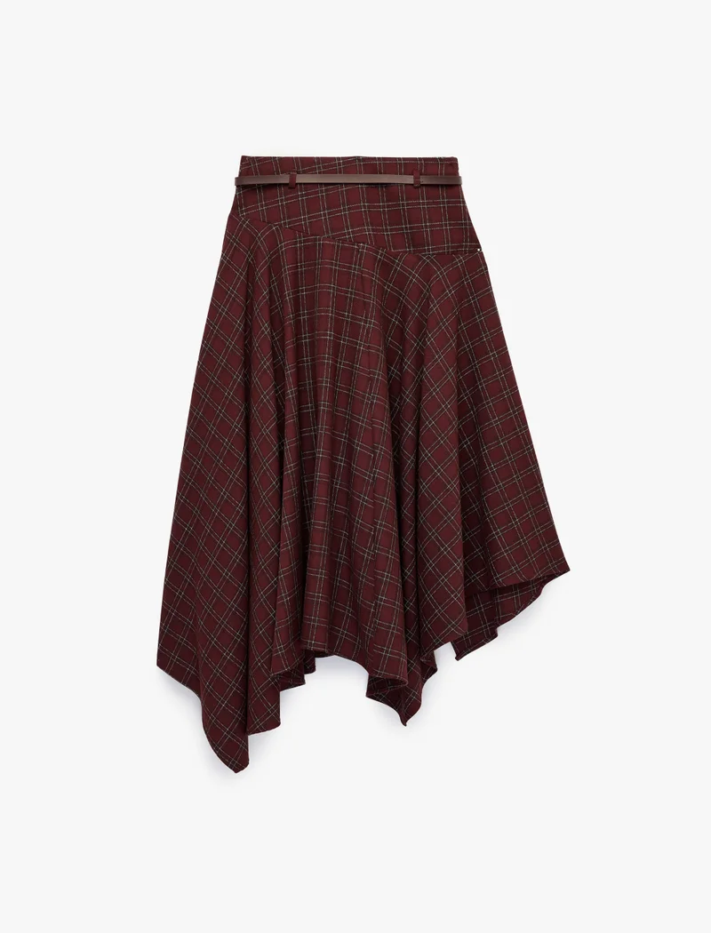 Koton Asymmetric Belted Checked Skirt