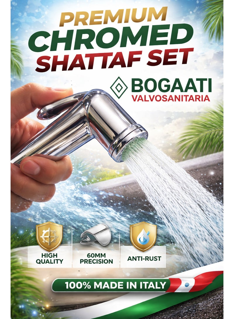 بوجاتي حول كل لحظة في حمامك إلى تجربة استثنائية مع BOGAATI Chromed Shattaf Set. الاختيار المثالي لكل من يبحث عن الجودة والراحة في كل تفصيل. يتميز هذا الشطاف بتصميمه العصري اللامع المصنوع من الكروم، الذي يضيف لمسة من الفخامة والأناقة إلى حمامك. مصنوع بدقة في إيطاليا، يتمتع هذا الشطاف بمرونة عالية وقوة تدوم طويلًا، ليُقدّم لك أداءً متميزًا في كل استخدام - Image 1