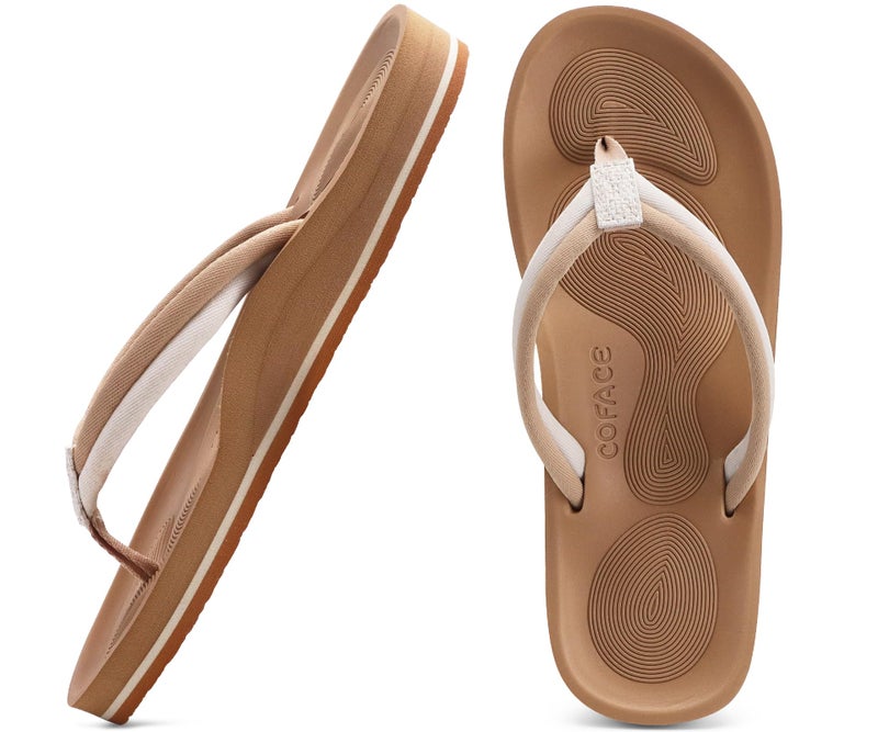 COFACE Flip Flops for Women with Arch Support Comfortable Yoga Mat Woman Beach Sandals Lightweight Orthopedic Womens Flip-Flop Slip On Summer Thong-Sandal Outdoor Size 8 beige - Image 1
