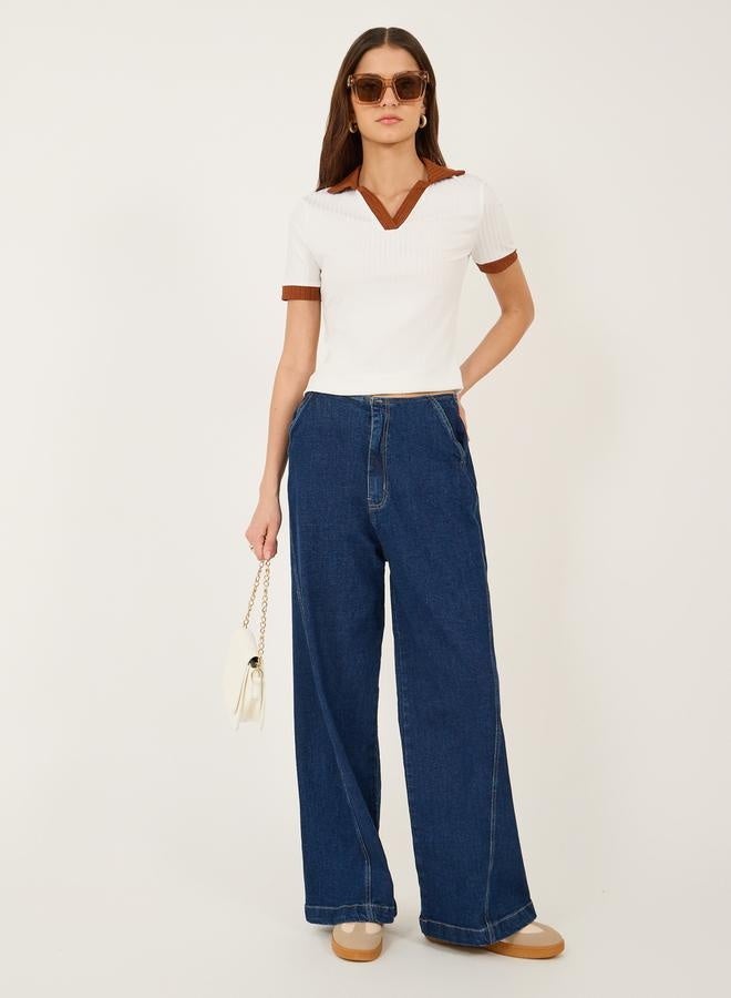 Styli High Rise Wide Leg Jeans with Contrast Stitch detail - Image 1
