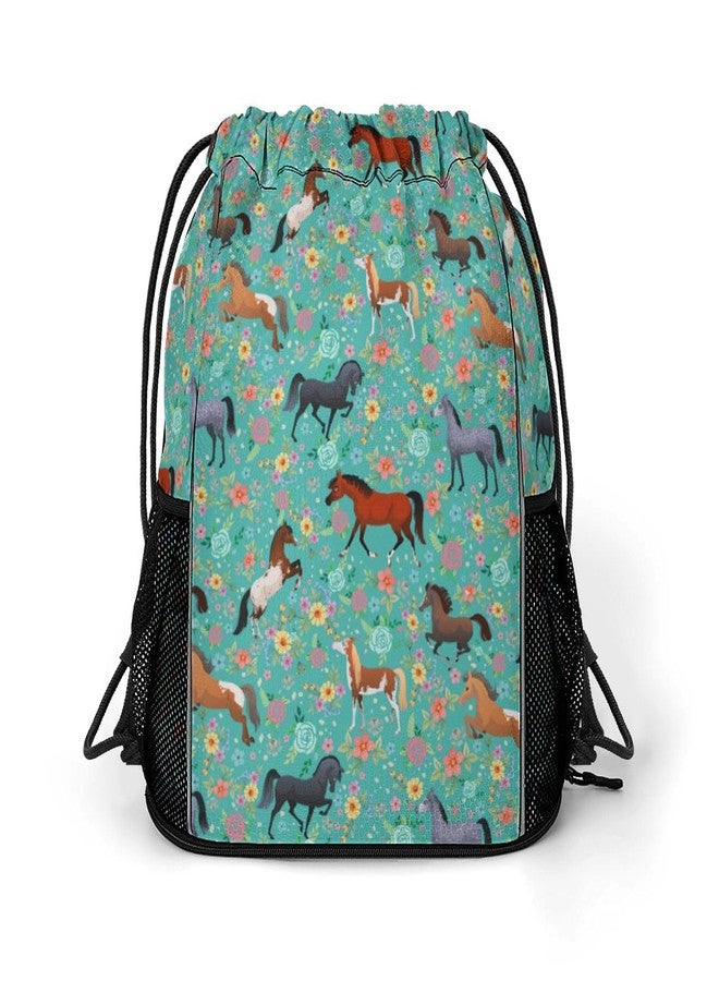 Bzocm Horse Flower Drawstring Backpack Gym Bag With Shoe Compartment String Bag Sport Beach Swimming Sackpack For Women Men - Image 1