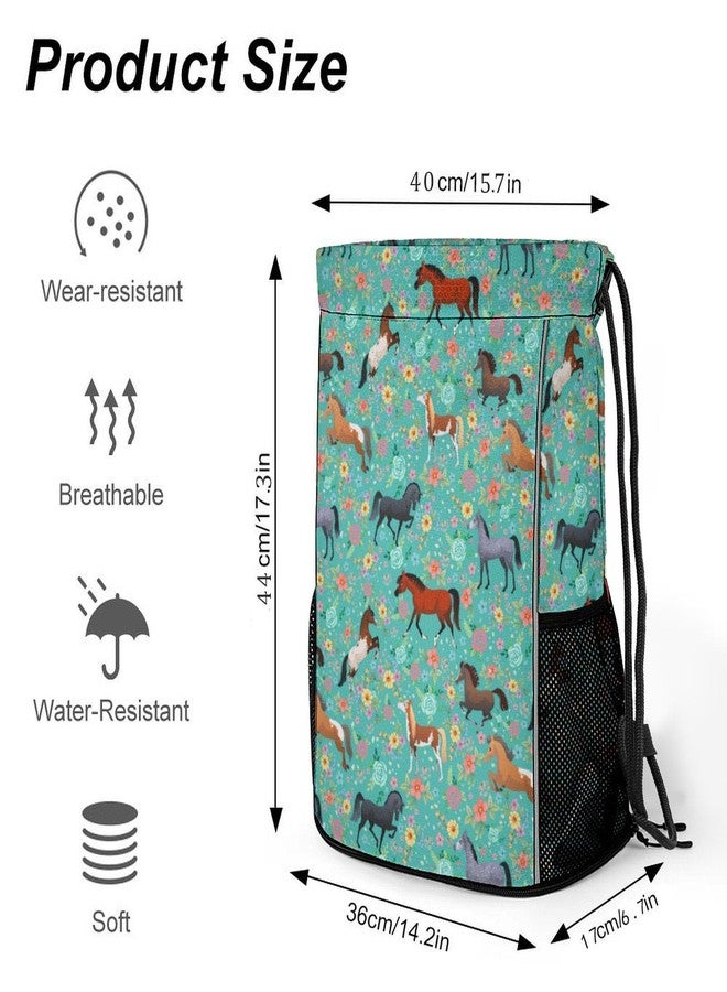 Bzocm Horse Flower Drawstring Backpack Gym Bag With Shoe Compartment String Bag Sport Beach Swimming Sackpack For Women Men - Image 2