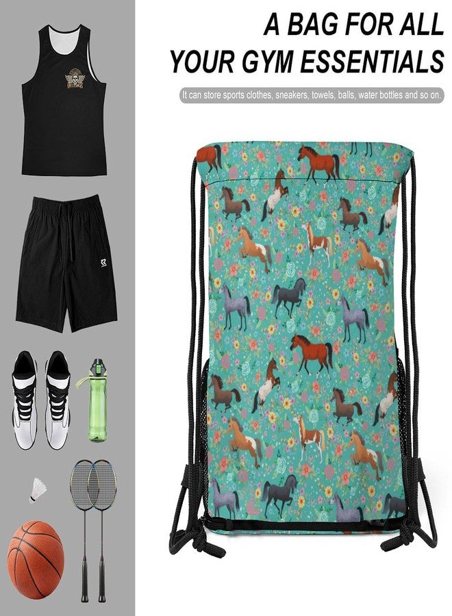 Bzocm Horse Flower Drawstring Backpack Gym Bag With Shoe Compartment String Bag Sport Beach Swimming Sackpack For Women Men - Image 5