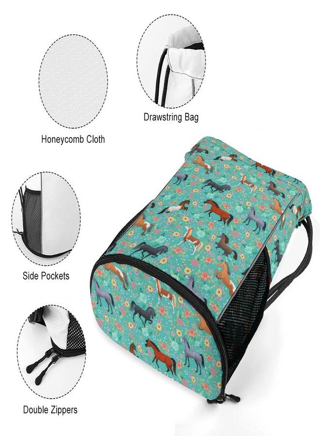 Bzocm Horse Flower Drawstring Backpack Gym Bag With Shoe Compartment String Bag Sport Beach Swimming Sackpack For Women Men - Image 4