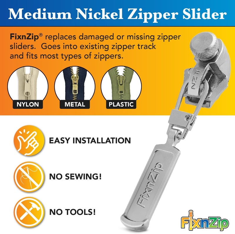 FixnZip (Medium, Nickel) - See Size Guide - Universal Zipper Repair Kit for Jackets, Luggage, Bags - Backpack Zipper Replacement Repair Kit - Instant Zipper Fix - Image 2