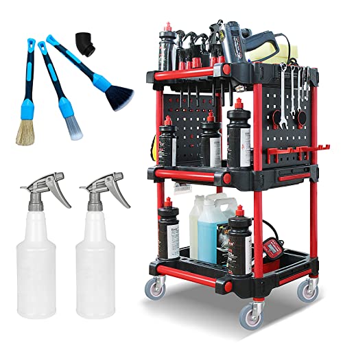 YTDTKJ 3 Tier Auto Detailing Cart with Wheels, Rolling Detail Tool Cart with 2 Hanging Plate & Hooks, Spray Bottles and Blue Brushes for Repair Shop Workshop Car Wash/Wax Garage - Image 1