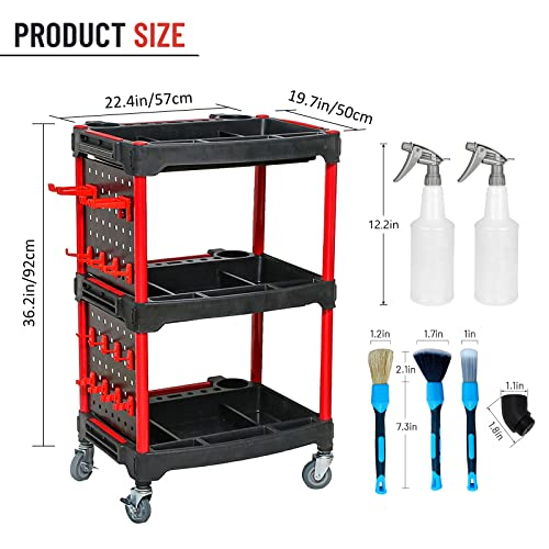 YTDTKJ 3 Tier Auto Detailing Cart with Wheels, Rolling Detail Tool Cart with 2 Hanging Plate & Hooks, Spray Bottles and Blue Brushes for Repair Shop Workshop Car Wash/Wax Garage - Image 2