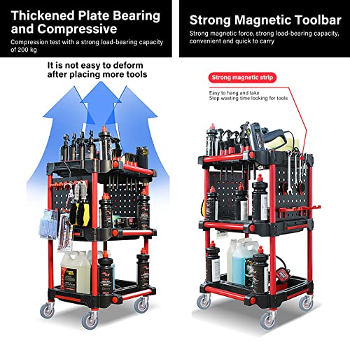 YTDTKJ 3 Tier Auto Detailing Cart with Wheels, Rolling Detail Tool Cart with 2 Hanging Plate & Hooks, Spray Bottles and Blue Brushes for Repair Shop Workshop Car Wash/Wax Garage - Image 4