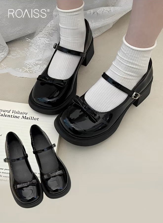 roaiss Women's Retro Patent Leather Round Toe Mary Jane Thick Heels British Style One Line Buckle Bow Decorative Leather Shoes Non Slip Closed Toe Single Shoes - Image 1