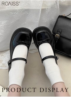 roaiss المرأة الرجعية براءات الاختراع والجلود جولة تو ماري جين كعب سميك النمط البريطاني خط واحد مشبك القوس الأحذية الجلدية الزخرفية عدم الانزلاق مغلقة اصبع القدم واحدة الأحذية  - Image 4