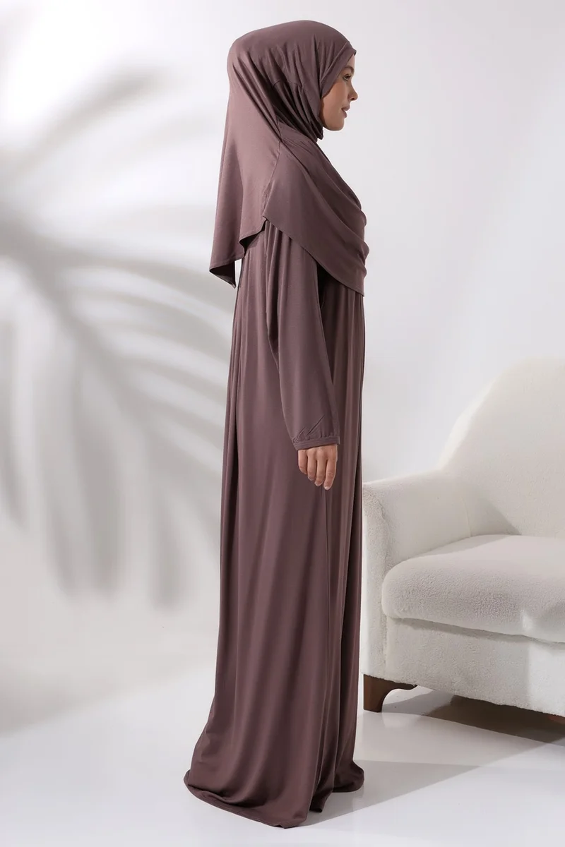 ايهفان اونلاين One Piece Prayer Dress with Headscarf and Robe 8015 Milk Coffee