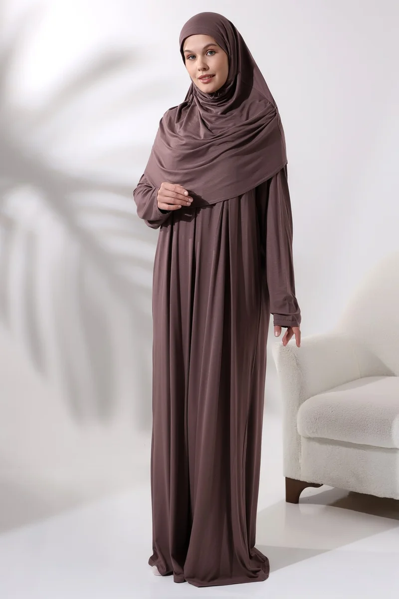 ايهفان اونلاين One Piece Prayer Dress with Headscarf and Robe 8015 Milk Coffee