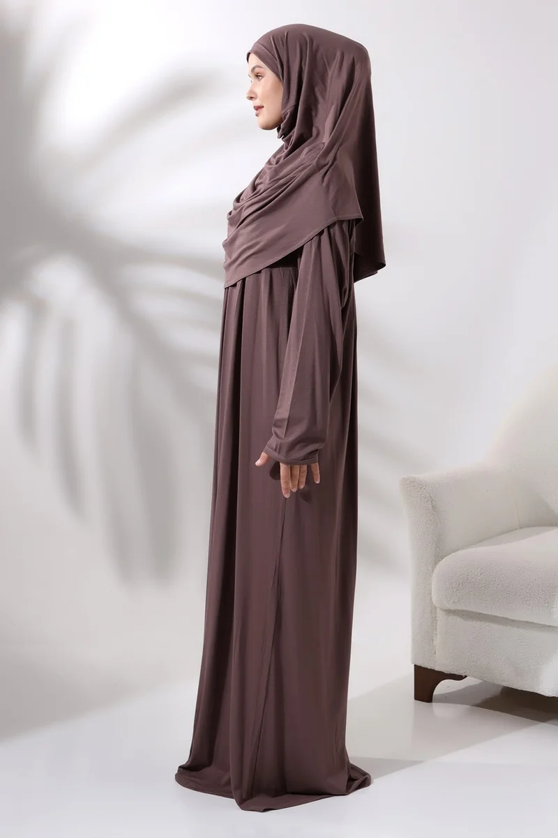 ايهفان اونلاين One Piece Prayer Dress with Headscarf and Robe 8015 Milk Coffee